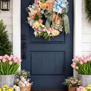 Decorative Pastel Spring/Easter Wreath with Blue, yellow and sage green Bow